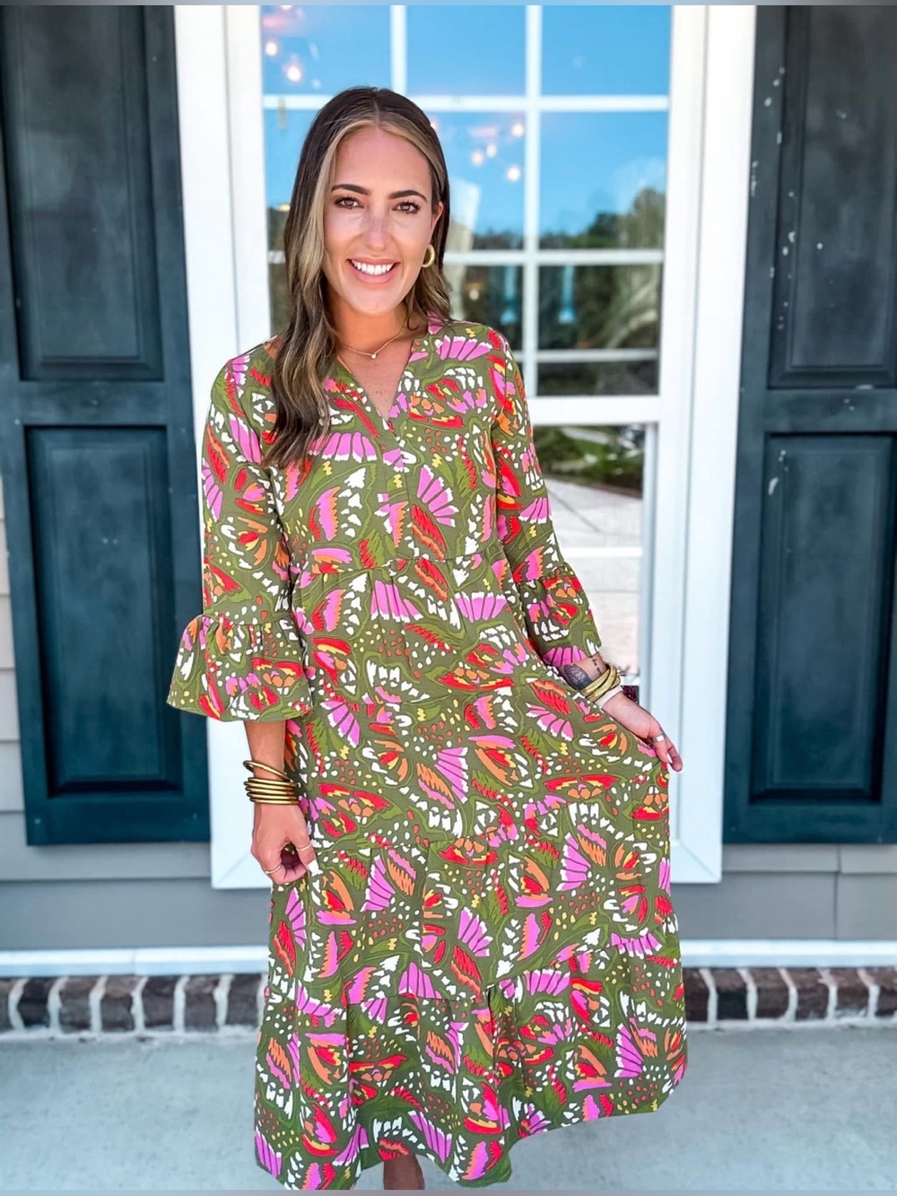 Michelle McDowell Olive Green Floral Midi Dress with Pink Accent